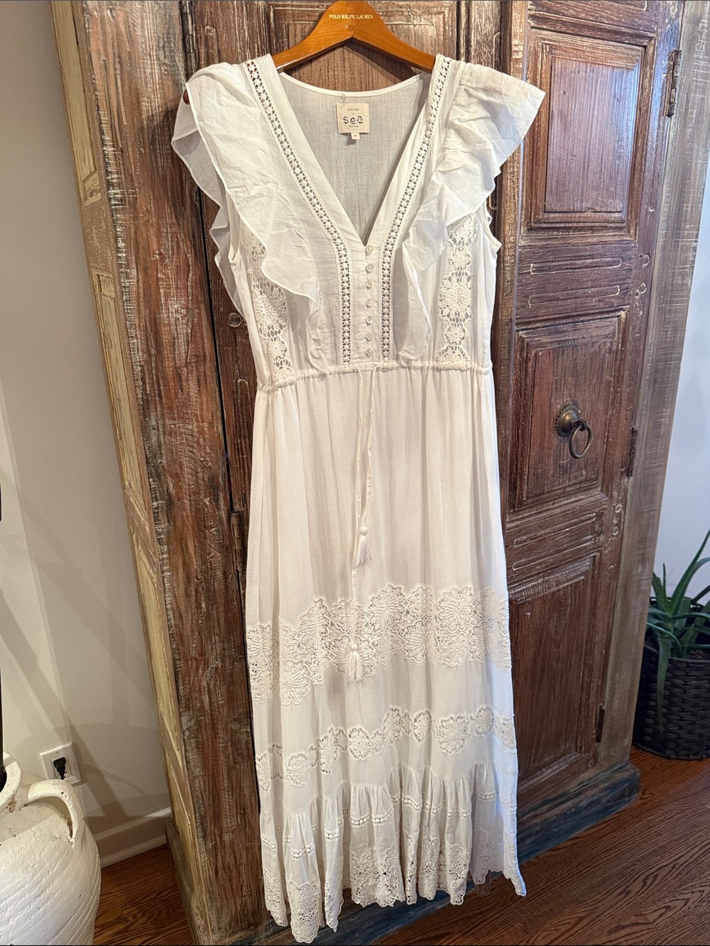 Sea New York x Sezane White Lace Maxi Dress with Ruffle Shoulders